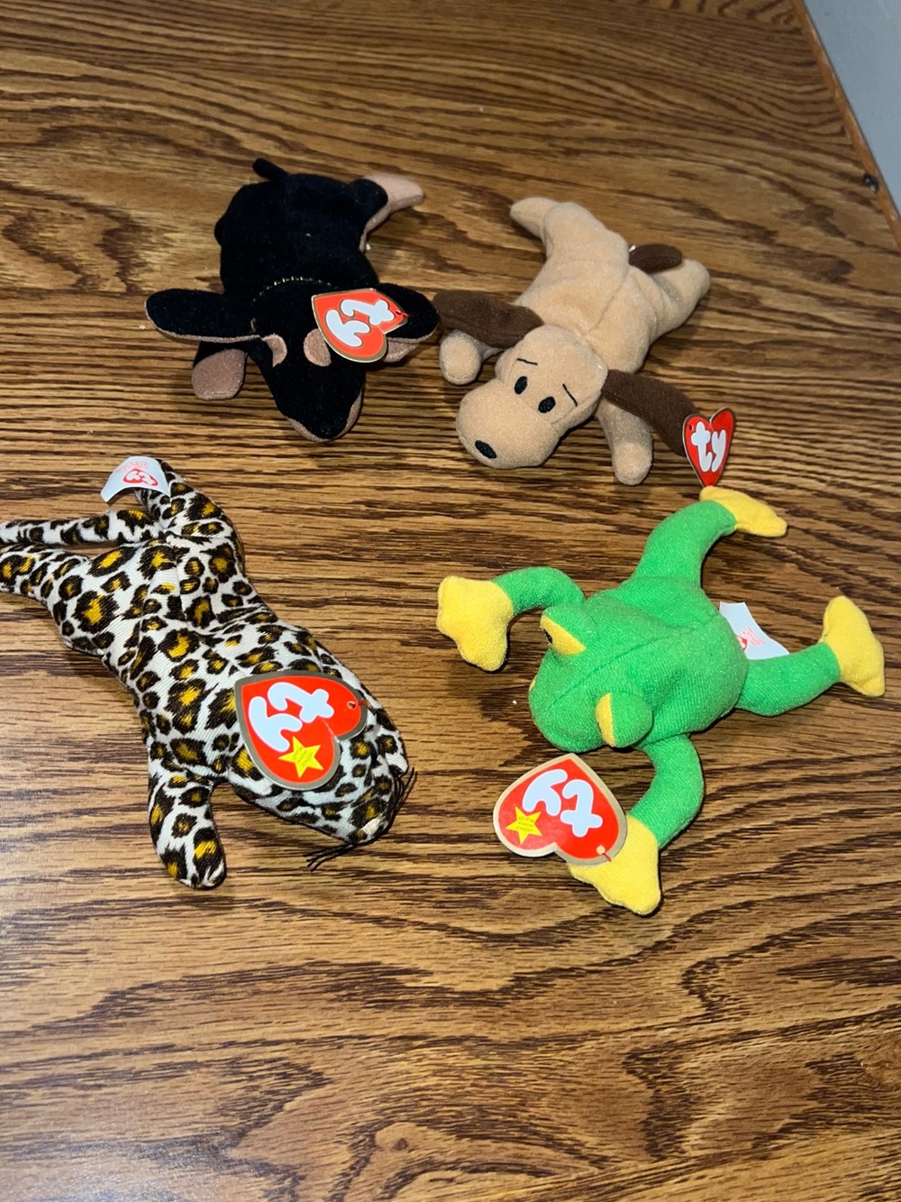 4 Ty Assorted Beanie Babies Plush Set - Green, Leopard, Black, Tan